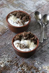 Healthy breakfast or snack with yogurt, seeds and chocolate granola. Selective focus. Macro.