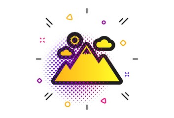 Mountain icon. Halftone dots pattern. Mountaineering sport sign. Leadership motivation concept. Classic flat mountain icon. Vector