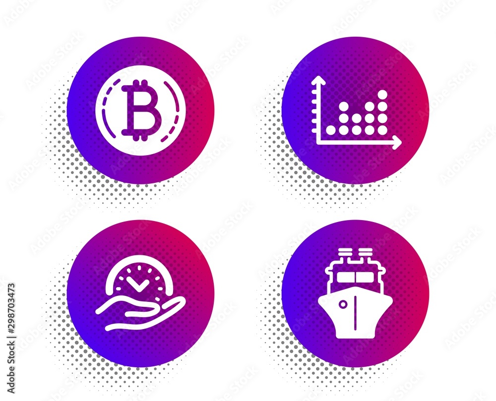 Poster dot plot, safe time and bitcoin icons simple set. halftone dots button. ship sign. presentation grap
