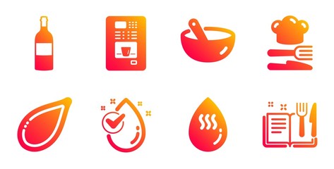 Food, Pumpkin seed and Cooking mix line icons set. Wine bottle, Water drop and Hot water signs. Coffee vending, Recipe book symbols. Chef hat, Vegetarian food. Food and drink set. Vector