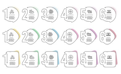 Globe, Online survey and Online shopping line icons set. Infographic timeline. Chemistry molecule, Frying pan and Scroll down signs. Internet world, Quiz test, Notebook with shopping cart. Vector