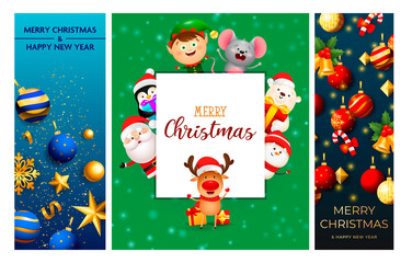 Merry Christmas blue, green banner set with animals, baubles