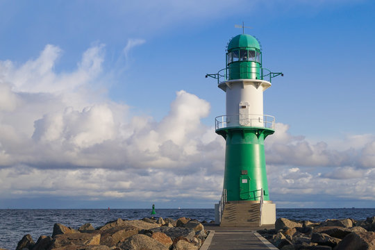 The green small lighthouse in Warnemünde