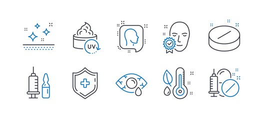 Set of Healthcare icons, such as Medical shield, Thermometer, Uv protection, Medical vaccination, Head, Face verified, Ð¡onjunctivitis eye, Clean skin line icons. Line medical shield icon. Vector