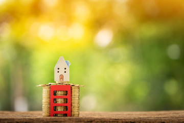 Stacking gold coin with growing and home model as destinations and red steps put on the money on sunlight background, Loan for real estate or buy a new house in the future concept.