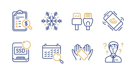 Recovery ssd, Search calendar and Accounting report line icons set. Smartphone holding, Computer cables and Air conditioning signs. Call center, Support consultant symbols. Vector