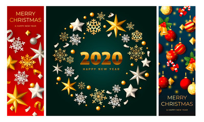 Merry Christmas red, green, blue banner set with wreath
