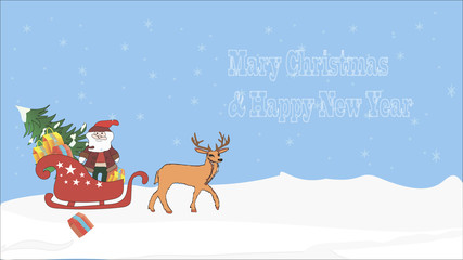 Print. Christmas, New Year card, sale, background. Place for text. Santa sleigh and xmas tree