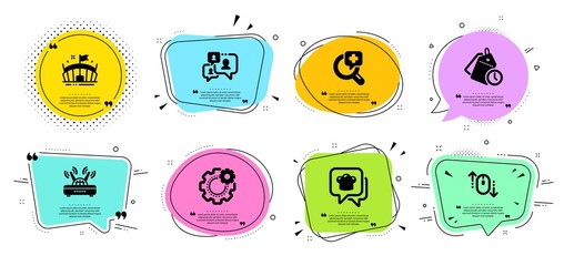 Scroll down, Support chat and Medical analyzes line icons set. Chat bubbles with quotes. Wifi, Time management and Arena signs. Cooking hat, Cogwheel symbols. Mouse swipe, Comment bubble. Vector