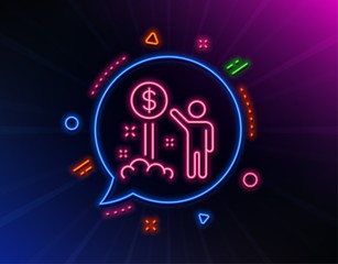 Income money line icon. Neon laser lights. Wealth sign. Credit card symbol. Glow laser speech bubble. Neon lights chat bubble. Banner badge with income money icon. Vector