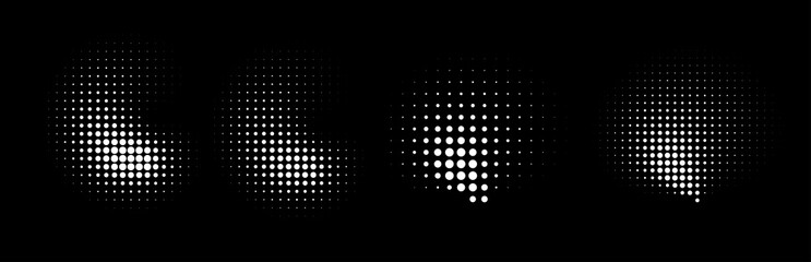 Set of halftone dots curved gradient pattern texture isolated on white background. Curve dotted spots using halftone circle dot raster texture collection. Vector blot half tone collection.