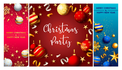 Christmas party pink, red, blue banner set with baubles