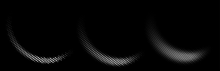 Set of halftone dots curved gradient pattern texture isolated on white background. Curve dotted spots using halftone circle dot raster texture collection. Vector blot half tone collection.
