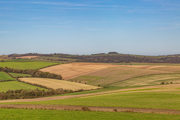 Fototapeta na wymiar An autumnal patchwork landscape in Sussex, on a sunny day