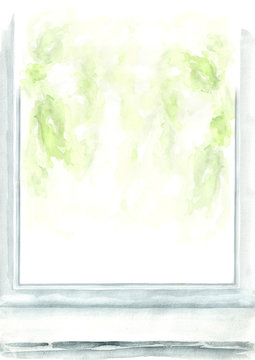 Window Frame And An Empty Window Sill With Copy Space. Watercolor Hand Drawn Illustration And Background