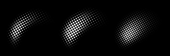 Set of halftone dots curved gradient pattern texture isolated on white background. Curve dotted spots using halftone circle dot raster texture collection. Vector blot half tone collection.