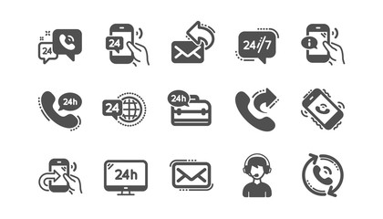 Processing icons. Call center, Support and Chat message. 24 hour service classic icon set Quality set. Vector