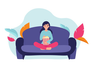 Woman at home sitting on sofa, watching movie and eating popcorn. Flat vector cartoon illustration home comfort concept.