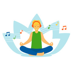 Young man listens to music on headphones and meditates in the lotus position. Flat vector cartoon character illustration isolated on white background.