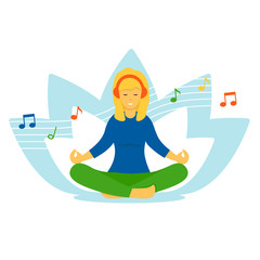 Young woman listens to music on headphones and meditates in the lotus position. Flat vector cartoon character illustration isolated on white background.