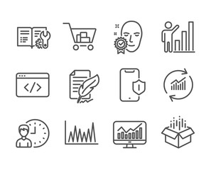 Set of Business icons, such as Seo script, Graph chart, Update data, Working hours, Statistics, Engineering documentation, Feather signature, Line graph, Internet shopping, Face verified. Vector