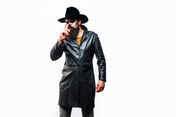 Happy Halloween. Evil vampire man. Evil in wicked witch hat. Scary Halloween man in hat - studio...