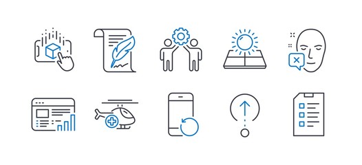 Set of Science icons, such as Feather, Employees teamwork, Augmented reality, Web report, Swipe up, Sun energy, Face declined, Medical helicopter, Recovery phone, Checklist line icons. Vector