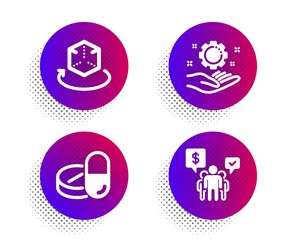 Medical drugs, Employee hand and Augmented reality icons simple set. Halftone dots button. Teamwork sign. Medicine pills, Work gear, Virtual reality. Employees chat. Science set. Vector