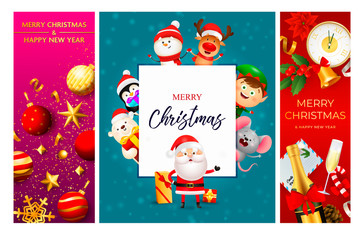 Merry Christmas pink, blue, red banner set with animals