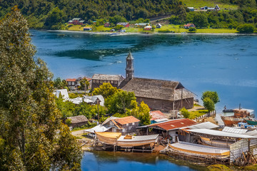 San Juan, Chiloe Island, Chile - View of San Juan and Its Shipyards and the Wooden Jesuit Church...