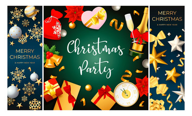 Christmas party blue, green banner set with champagne