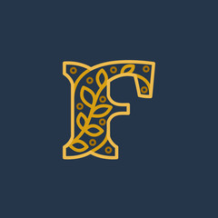 Elegant linear letter F initial ornate logotype.