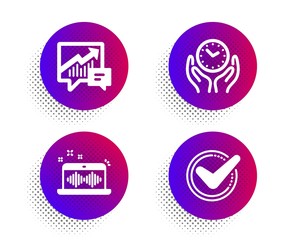 Accounting, Safe time and Music making icons simple set. Halftone dots button. Confirmed sign. Supply and demand, Hold clock, Dj app. Accepted message. Education set. Vector