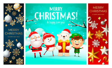 Merry Christmas blue, cyan, red banner set with animals