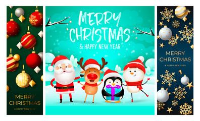 Fototapeta premium Merry Christmas green, cyan, blue banner set with animals