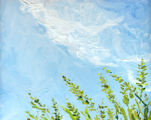 Oil painting. Blue sky over grass in the field