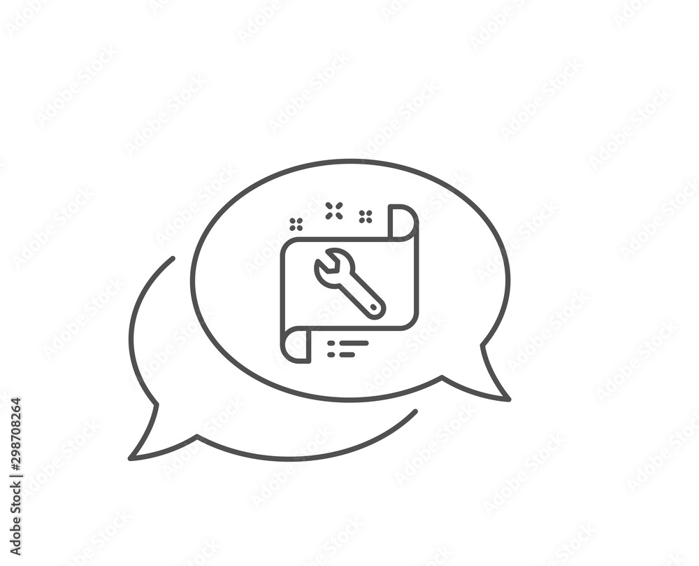 Poster spanner tool line icon. chat bubble design. repair service blueprint sign. fix instruments symbol. o
