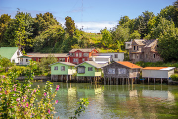 Fototapeta na wymiar Mechuque, Chiloe Archipelago, Chile - View of the Stilt Houses (Palafitos) in the Town of Mechuque