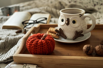 Pumpkin crochet ornament, cup of tea and cookies in a cosy, autumn, lifestyle scenery