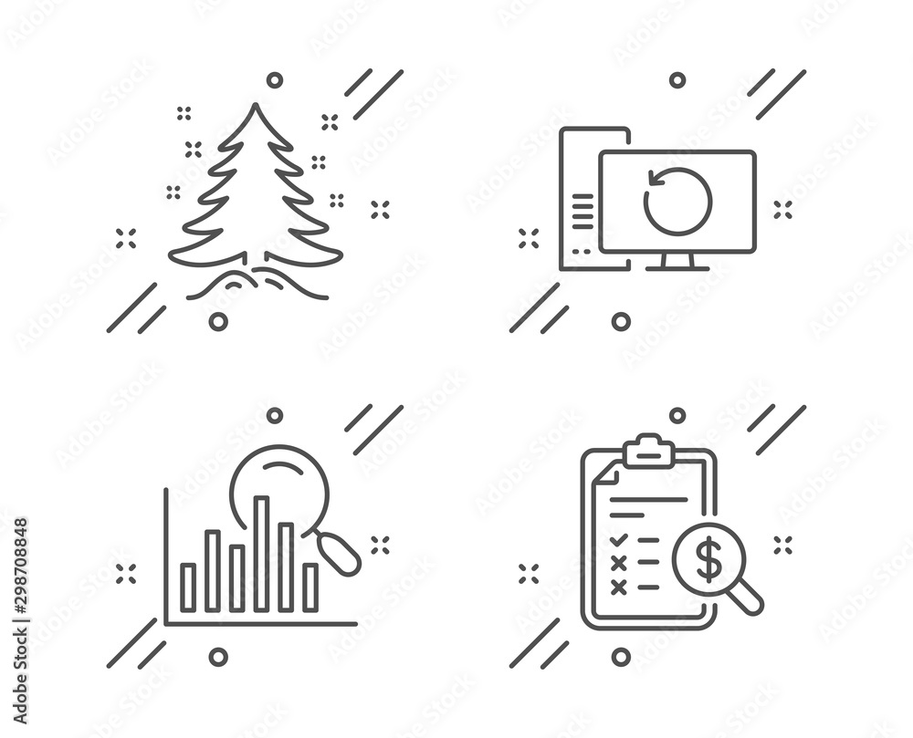 Aufkleber recovery computer, search and christmas tree line icons set. accounting report sign. backup info, an