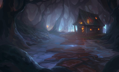 Dark forest, burning house illustration background cover