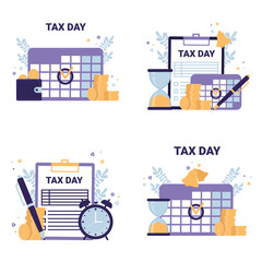 Tax Day flat vector concept icons illustrations. Calendar, coins, clipboard, pen, clock, purse.