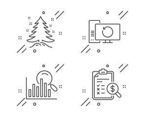 Recovery computer, Search and Christmas tree line icons set. Accounting report sign. Backup info, Analytics, Spruce. Check finance. Business set. Line recovery computer outline icon. Vector