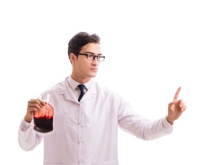 The doctor in blood donation concept isolated on white