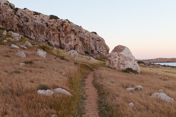 Cape Greko national park view. Rocks, hills, meadows and sea coast.