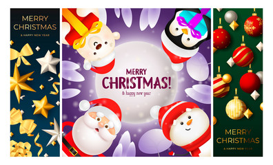 Fototapeta premium Merry Christmas blue, violet, green banner set with animals