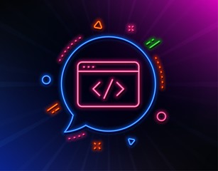 Seo script line icon. Neon laser lights. Web programming sign. Traffic management symbol. Glow laser speech bubble. Neon lights chat bubble. Banner badge with seo script icon. Vector