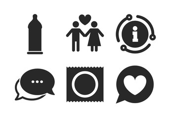 Lovers couple signs. Chat, info sign. Condom safe sex icons. Male love female. Speech bubble with heart. Classic style speech bubble icon. Vector