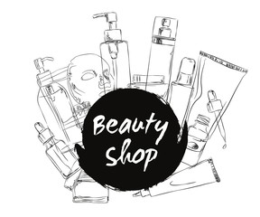 Korean cosmetics. Set of beauty salon banners with hand draw doodle backgrounds, chalk drawn cosmetic eyelashes jars and tubes, Chalkboard set  hand drawn cosmetics and perfume