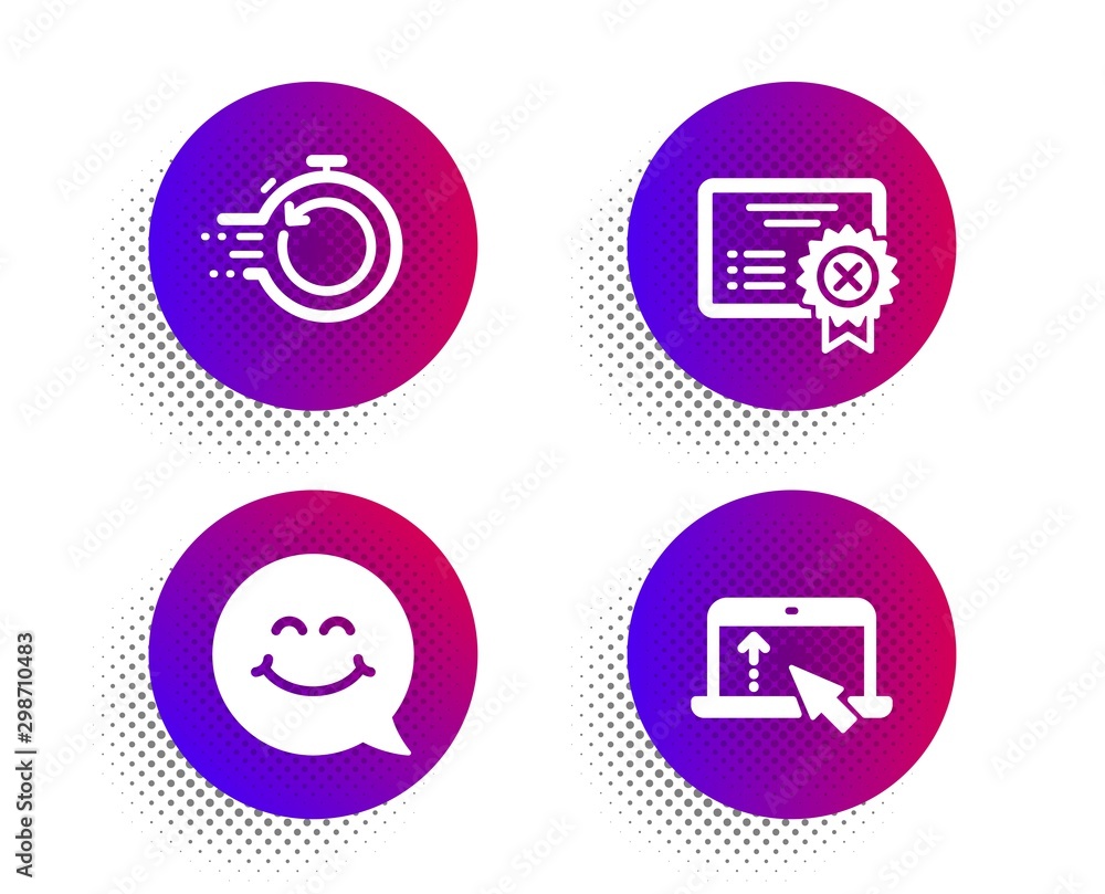 Poster smile face, fast recovery and reject certificate icons simple set. halftone dots button. swipe up si